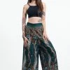 HaremPants.com Women's Paisley Feathers Palazzo Style Harem Pants In Green