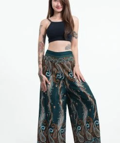 HaremPants.com Women's Paisley Feathers Palazzo Style Harem Pants In Green