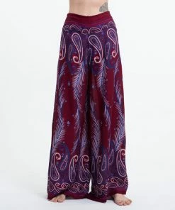 HaremPants.com Paisley Feathers Palazzo Style Harem Pants In Red