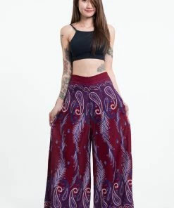 HaremPants.com Paisley Feathers Palazzo Style Harem Pants In Red