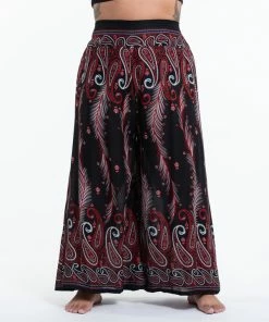 HaremPants.com Plus Size Paisley Feathers Palazzo Style Harem Pants In Black