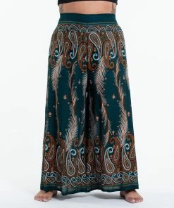 HaremPants.com Women's Plus Size Paisley Feathers Palazzo Style Harem Pants In Green