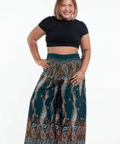 HaremPants.com Women's Plus Size Paisley Feathers Palazzo Style Harem Pants In Green