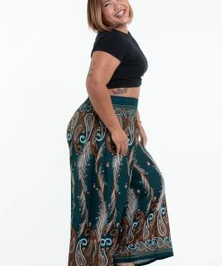 HaremPants.com Women's Plus Size Paisley Feathers Palazzo Style Harem Pants In Green