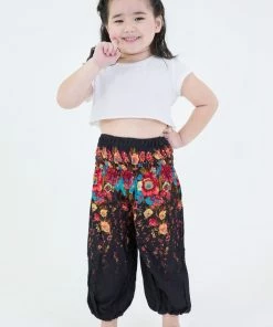 HaremPants.com High Cut Floral Kids Harem Pants In Black