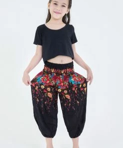 HaremPants.com High Cut Floral Kids Harem Pants In Black