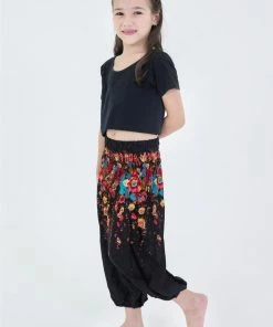 HaremPants.com High Cut Floral Kids Harem Pants In Black