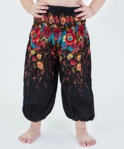 HaremPants.com High Cut Floral Kids Harem Pants In Black