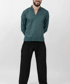 HaremPants.com Men's Mens Yoga Shirts Nehru Collared In Dark Teal