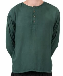 HaremPants.com Mens Yoga Shirts No Collar With Coconut Buttons In Dark Teal