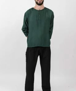 HaremPants.com Mens Yoga Shirts No Collar With Coconut Buttons In Dark Teal