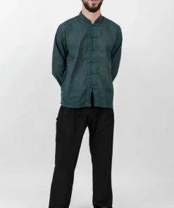 HaremPants.com Mens Yoga Shirts Chinese Collared In Dark Teal Men's