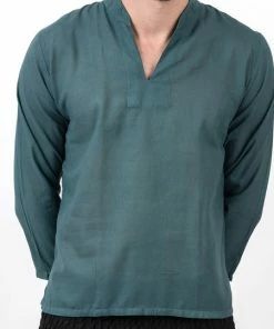 HaremPants.com Men's Mens Yoga Shirts Nehru Collared In Dark Teal