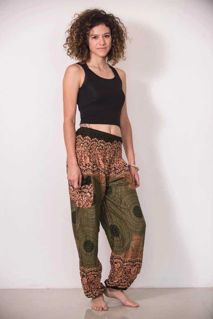 HaremPants.com Geometric Mandalas Women's Harem Pants In Olive 5 HaremPants.com Geometric Mandalas Women's Harem Pants In Olive